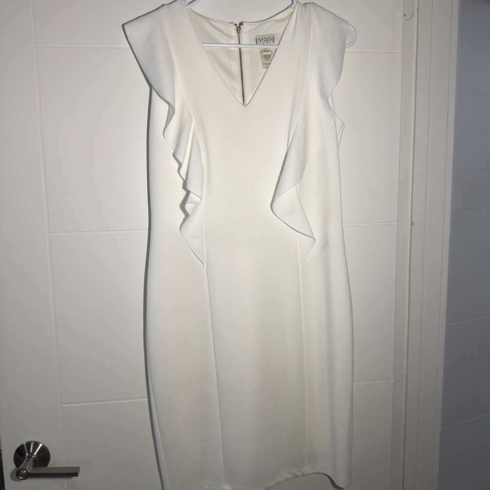 Enfocus Studio White Ruffle-Trim V-Neck Midi Dress